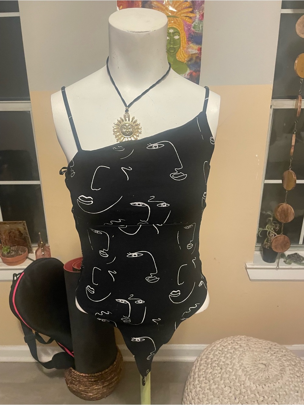 Forever 21 Black Cami Bodysuit with White Abstract Face Print